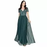 Maya Deluxe Abendkleid mit Pailletten Cocktailkleid Damen mit V-Ausschnitt Tüllkleid Smaragdgrün Größe 44