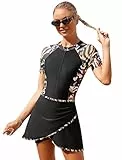 IBTOM CASTLE Modest Badeanzüge für Damen Muslimische Burkini Bademode Islamisch Boyleg Badeanzug Kurzarm Blumen Druck Zip Up Surfer Schwimmanzug Neoprenanzug Schwarz XL