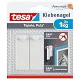 tesa Klebenagel für Tapeten und Putz 1kg - Selbstklebende Nägel für empfindliche Oberflächen - rückstandslos - Bis zu 1 kg Halteleistung pro Nagel - 2 Klebenägel