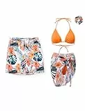 PATPAT Passende Badeanzüge für Paare – Spaghettiträger-Bikini-Set oder Badehose, Badeanzug, hawaiianische Strand-Bademode, Orange Blumen, S