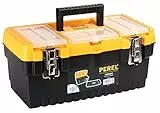 Perel Werkzeugkoffer Kunststoff leer, Werkzeugkasten leer, Werkzeugbox, Werkzeug Organizer Box, Tool Box, 3 Organizer im Deckel, 2 x Metallverschluss, schwarz/orange, 413 x 212 x 186 mm