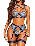 RSLOVE Dessous Sets für Damen - Sexy Unterwäsche Frauen Strapsen Reizwäsche Sets Floral BH und Slip mit Strumpfband Blau M