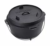 Echtwerk EW-GE-1225 Dutch Oven BBQ Kochtopf ca. 8 L, Bereits eingebrannt - preseasoned, Deckel mit Edelstahl Henkel als Pfanne nutzbar, Grilltopf für Indoor und Outdoor, Big-Edition, Gusseisen
