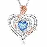 LAVUMO Halskette Damen Silber 925 Doppel Herz Rose Blume Kette Damen Geburtsstein Halsketten Muttertag Geburtstag Valentinstag Weihnachten Schmuck Geschenke Frauen Mama