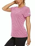 KEFITEVD Yoga Shirt Damen Kurzarm Leicht Wandershirt mit Rundhalsausschnitt Stretch Polyester Tshirt Atmungsaktiv Dünn Sommershirt Regular-Fit Oberteil Meliert Rosa S