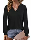 Beluring Langarmshirt Damen Sexy V Ausschnitt Tunika Bluse Lässig Einfarbig T-Shirt Schwarz M