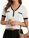 GRACE KARIN Damen Kurzarm Pullover Elegant V Ausschnitt Strickpullover Bluse Kontrastfarbe Brusttaschen Gerippte Ärmel Saum CL0392-01/Cremefarben M