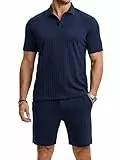 JMIERR Herren Jogginganzug Set Sommer 2 Teiliges Poloshirts Kurzarm Einfarbig Strick mit Kurze Hose Herren mit Elastischer Taille Baggy Freizeitanzug Marineblau L