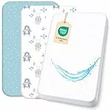 Lovely Hippo 2X Spannbettlaken 83x50cm 100% Baumwolle + 1X Matratzenschoner 100% wasserdichtem Material - Set 3X - Kompatibel Chicco, Kinderkraft (Blaue Tiere, 50 x 83 cm)
