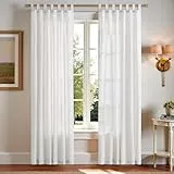 TOPICK Weiß Gardinen mit Schlaufen Leinen Vorhänge für Wohnzimmer Schlafzimmer Stores Fenster Halbtransparent Lichtfilterung Vorhang Bauernhaus Landhausstil Gardine küche 2er Set 140Bx225H (cm)