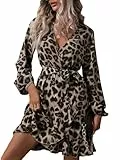 SweatyRocks Damen Langarm Kleider Herbstkleid Leopard Print Mini Kleid V-Ausschnitt Freizeitkleid Lässig Tunika Langarmkleid A-Linie Casualkleid Leo L