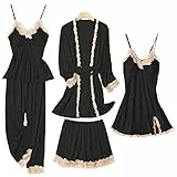 SAPJON Damen-Pyjama-Set, 5-teilig, Seiden-Pyjamas für Damen, süße Nachtwäsche, Loungewear, Satin, Pyjama-Set für Damen, weich, Schwarz, XXL