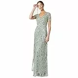 Maya Deluxe Damen Maxi Women's Embellished Sequin Long Short Sleeve V Neck High Empire Waist Cut Shiny Prom We Bridesmaid Dress, Grün, 42 EU