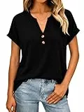 Litherday T-Shirt Damen Einfarbig Henley Tops Loose Fit Kurzarm Oberteil Knopfleiste V-Ausschnitt Gerollten Ärmeln Casual Sommer Trendy Locker Basic Top (Schwarz, S)