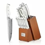 D.Perlla Messerblock Set, 14-TLG Selbstschärfender Messerblock mit Messer, Scharf Edelstahl Messerset Set mit Kunststoff-Griff und Holzblock, Profi Küchenmesserset, Braun