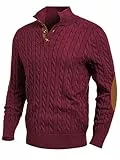 JMIERR Herren Pullover mit Zopfmuster lässiger Stehkragen grobe Freizeit-Strickpullover mit 1/4-Knöpfe Winterpullover Herren Rot XL