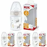 NUK First Choice+ Babyflasche | 0–6 Monate | Temperature Control Anzeige | 150 ml | Anti-Colic-Ventil | BPA-frei | Trinksauger aus Silikon | Safari (neutral) (Packung mit 4)