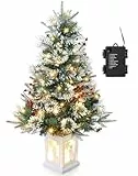90cm Weihnachtsbaum künstlich mit 78 Beleuchtung,Batteriebetrieben Pre-lit Premium Snow Flocked Künstlicher Weihnachtsbaum mit roten Beeren Weihnachten deko für Zuhause, Büro, Weiße Basis