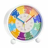 LUPATDY Wecker Kinder Ohne Ticken mit Nachtlicht, Kinderwecker für Schulanfänger, Lautloser Lernwecker Kinder Analoger Wecker, Batteriebetrieben Lernwecker für Jungen und Mädchen - Weiß