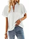 TUUHAW Bluse Damen Sommer Boho Top Kurzarm Oberteile Spitze Fließend Elegant V Ausschnitt T Shirt Tunika Paspel Süß Lässig Outfits Volant Frühling Spitze​Herbst Kleidung Weiß L