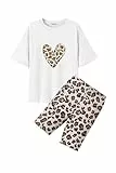 Arshiner T Shirt Weiß Mädchen Leggings mit Leopardenmuster Kinder Sommer Mädchenbekleidung Modische Zweiteiler Set Lässiges Kinderoutfits 140/9-10 Jahre
