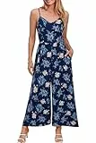 LAISHEN Jumpsuit Damen Sommer Overall Elegant Festlich Hochzeit Lang Hosenanzug Weites Bein Hose Playsuit mit Taschen (Floral 13, M)