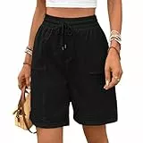 HOTIAN Bermuda Shorts Damen Lange Elastische Hohe Taille Weite Bein Kurzhose Sommerhose Casual Sporthose mit Taschen