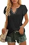 WNEEDU Tshirt Damen Sommer V Ausschnitt Top Kurzarm Freizeit Bluse Blütenblatt Ärmel Oberteile mit Eyelet-Stickerei Schwarz XXL