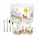Villeroy & Boch - Hungry As A Bear Set Mit Kinderbesteck Und Kindergeschirr 7 Teilig, Spülmaschinenfest, Mikrowellensicher, Kinderteller, Kindertasse, Besteckset Kinder, Premium Porzellan/Edelstahl