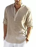 COOFANDY Leinenhemd Herren Langarm Hemd Herren Baumwolle Langarmshirt Freizeit Regular Fit Henley Stehkragenhemd Khaki L