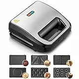 FOHERE Sandwichmaker 6 in 1, Waffeleisen, Kontaktgrill, Panini, süße Küchlein, Antihaftbeschichtung für leichte Reinigung, Doppelseitiges Backen bei Konstanter Temperatur, BPA-freis, 750W