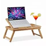 Relaxdays Höhenverstellbarer Laptoptisch fürs Bett, Bambus Notebooktisch m. Schublade, HxBxT: 30 x 69 x 35 cm, Natur