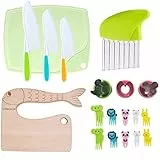LETTO & TAILOR 19 Stück Kinder-Küchenmesser aus Holz, Kindermesser-Set mit Holz-Kindermesser, Gemüse Ausstechformen, Kunststoff-Kleinkindmesser, Crinkle-Cutter, Sandwich-Cutter, Schneidebrett