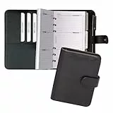 BIND 17501 Systemplaner A7 aus FINEtouch-Lederimitat, schwarzer Timeplaner, Mappe ca. 14 x 11,5 x 3 cm, Kalendermappe mit Systemeinlage mit Kalender 1 Woche=2 Seiten, Planer mit Druckverschluss