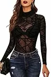 Avidlove Damen Body Sexy Bodysuit Elegant Mesh Top Langarm Spitzen Formende Bodys Rollkragen Oberteil Rave Festival Outfit Party Club Tops Schwarz L