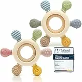 CAJA Beißring Baby 2er Set BPA freie Zahnungshilfe und Beißspielzeug aus Silikon und Holz Greifring mit Tiermotiv Geschenkidee zur Geburt Sicheres Babyspielzeug für Jungen und Mädchen