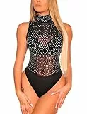 MAYFASEY Damen Strass ärmelloser Body Sexy Stehkragen Trikot Jumpsuit Tops, Schwarz, L
