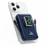 Magnetische Power Bank mit Ladekabel für MagSafe, 10800mAh Wireless PowerBank mit i-Watch Ladegerät, QC4.0+PD 25W Schnelles Laden mit LED Display Externer Akkus für Apple Watch/iPhone 16/15/14 (Blau)