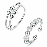 KALVICA 2 Stücke 925 Sterling Silber Angst Ringe für Damen Männer Spinner Ringe mit Perlen Silber Anxiety Ring Set Drehen Verstellbare Ring mit Stapelbare Fidget