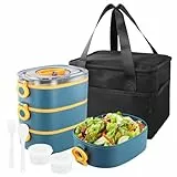 3 in 1 Lunchbox mit Fächern, Bento Box 2800ml mit Tasche, Auslaufsichere Essensbox 3 Lagen Stapelbare, Snackbox mit Partition Besteck, Brotdose Kinder Erwachsene, BPA Frei, Mikrowellengeeignet