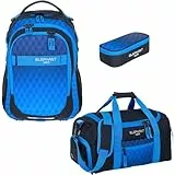 Elephant 3 Teile Set Schulrucksack Jungen Mädchen Signature Hero 2 Schultasche Laptopfach Rucksack + Sporttasche + Mäppchen Box (Dark Blue Cube 12868)