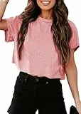 Tankaneo Crop Tops Damen Oversize Sport Oberteile Cropped Shirts Rundhals Loose Bauchfrei Sommertop Kurz T-Shirts.Rosa.S