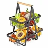 thirei Obstkorb Etagere, 2 Stöckig Obstetagere, Obst Aufbewahrung, Gemüsekorb, Abnehmbare Obst Etagere, Schwarz Metall Fruits Basket, mit Holzgriff, für Obst Brot Snacks (Schwarz)