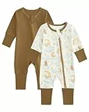 JiAmy Baby Schlafanzug 2er-Pack Neugeborene Baumwolle Langarm Zip Strampler mit Füßen Bekleidung für Baby Junge Mädchen 0-3 Monate Braun