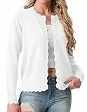 GRECERELLE Strickjacke Damen Kurz mit Rundhals und Knöpfen Leichte Langarm Cardigan Casual Wellenförmiger Rippensaum Strickjacken für Damen (Weiß, L)