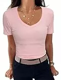Aottori Damen T-Shirt V-Ausschnitt Elegant Oberteile Kurzarm Gerippt Basic Tee Shirts Slim Fit Tshirt Stretch Casual Sommer Tops Rosa S