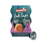 Rosewood Deli Cups Thunfisch & Garnelen – Weicher Katzensnack mit Thunfisch und Garnelen, Omega-3 und Omega-6 Fettsäuren, ohne Salz oder Zucker, ohne künstliche Zusatzstoffe, 6 x 22 g