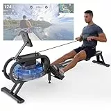 Rudergerät für zuhause, Rudergerät Wasser mit Bluetooth-Monitor und Tablet-Halterung, 6 Widerstandsstufen, Ideal für Heimfitness, Transporträder für Einfache Bewegung