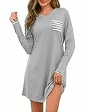 Uniexcosm Nachthemd Damen Langarm Schlafshirt V-Ausschnitt Nachthemden für Frauen Sleepwear Loose Fit Sleepshirt mit Gestreifte Brusttasche Hellgrau XL