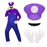 BSBUY Cosplay Kostüm, 4 Pcs Waluigi Cosplay mit Mütze Hose Bart Handschuhe, Super-Brüder Waluigi Kostüm Set Männer Damen, Erwachsene Outfit Kostüm für Weihnachten Karneval Faschingskostüme (Lila,L)